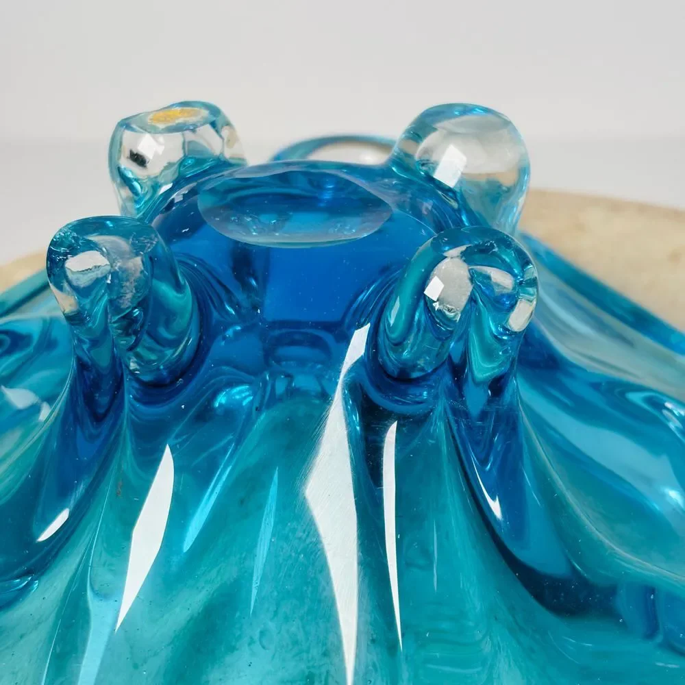 Vintage Murano Sommerso Blue Glass‎ Abstract Decorative Bowl MCM 60s 70s